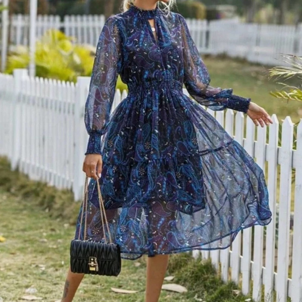SHEIN Blue Paisley Sheer Dress